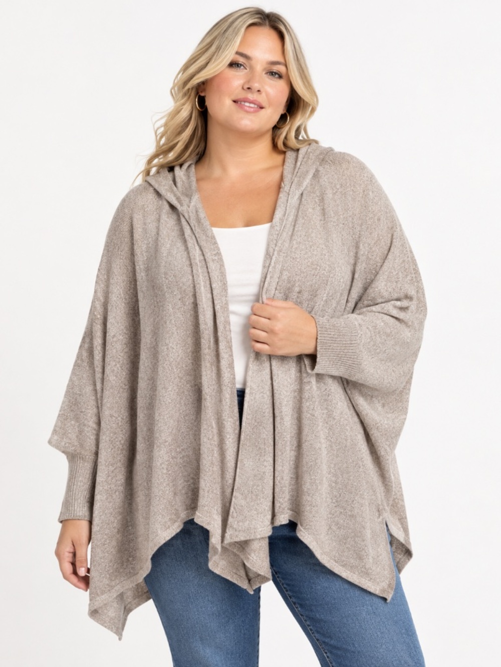 Lane Bryant Bat Wing Taupe Relaxed Hooded Knit Soft Layering Poncho Size 22/28